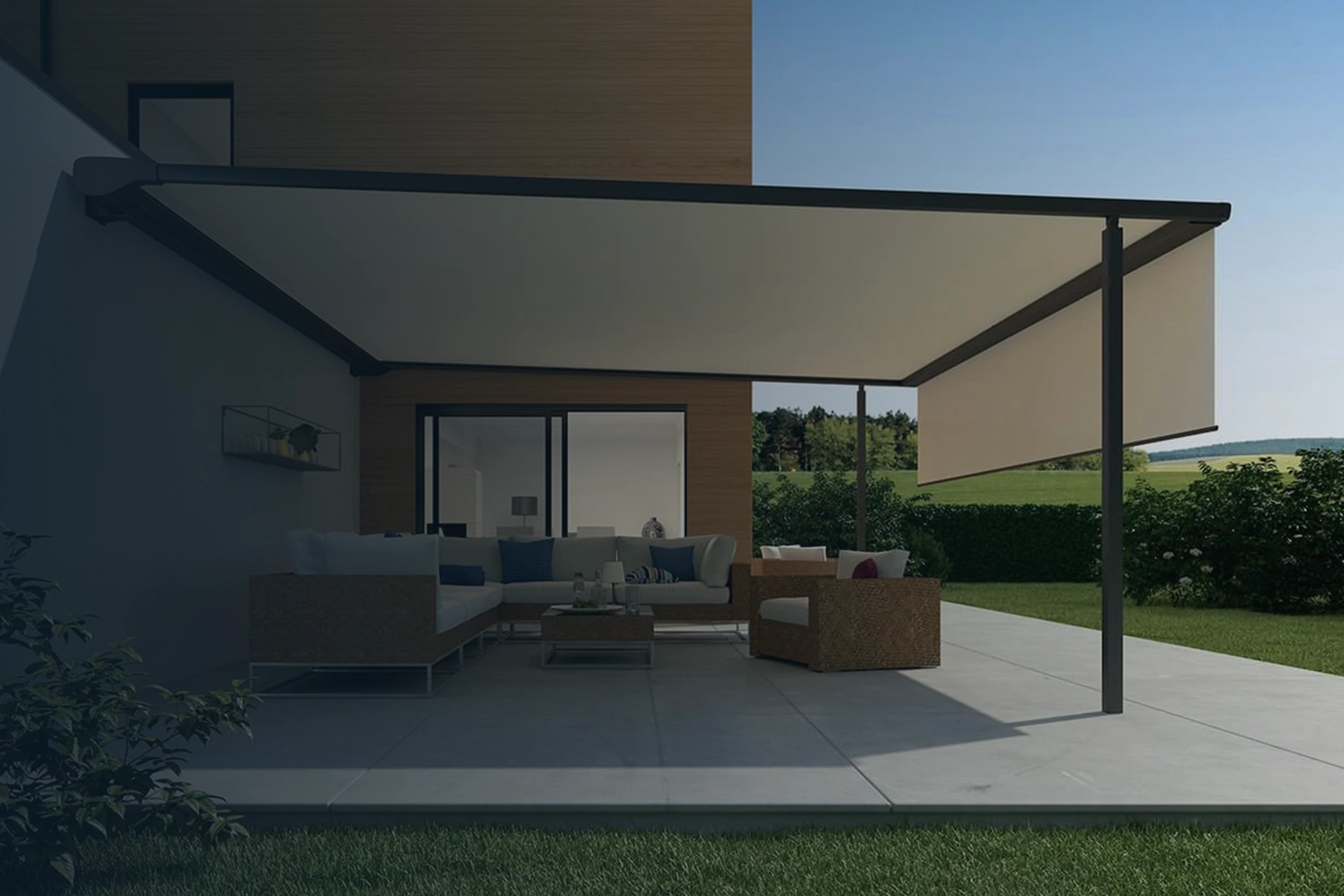Retractable awning shading a patio seating area
