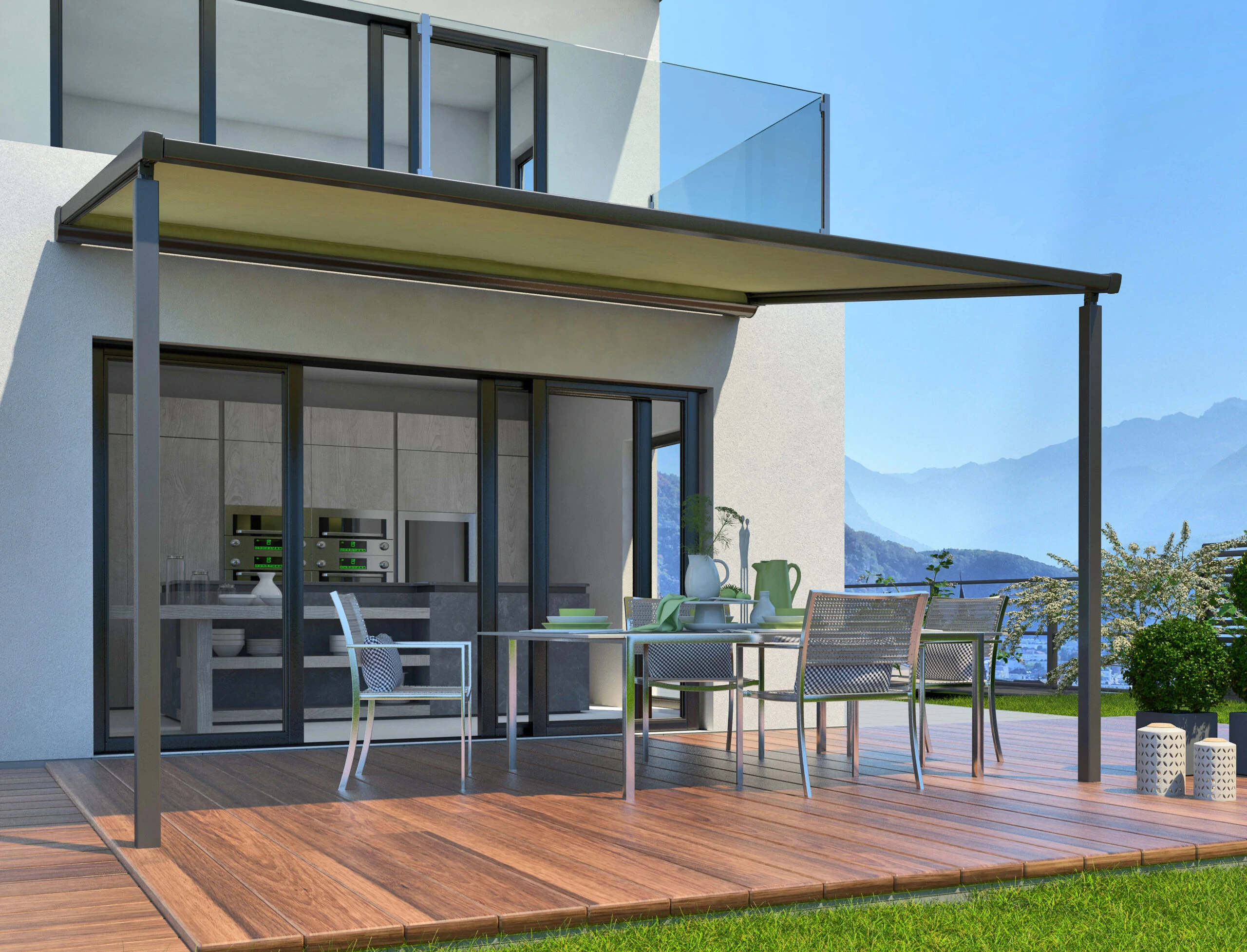 Outdoor space shaded by an awning