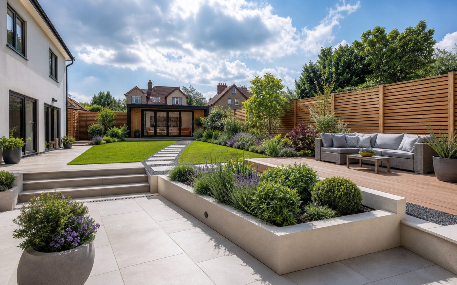 Completed landscaped garden with patio, pathway, lawn, planting and seating areas